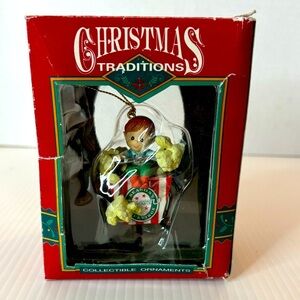 Lustre Fame Christmas Traditions “Kid In Popcorn Box” Ornament 1992